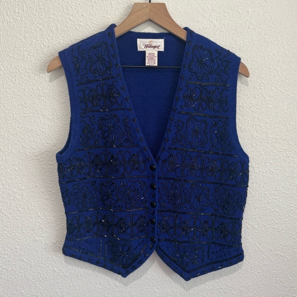 VTG Worthington Womens Medium Sweater Vest Beaded‎ Floral Embroidered Whimsigoth